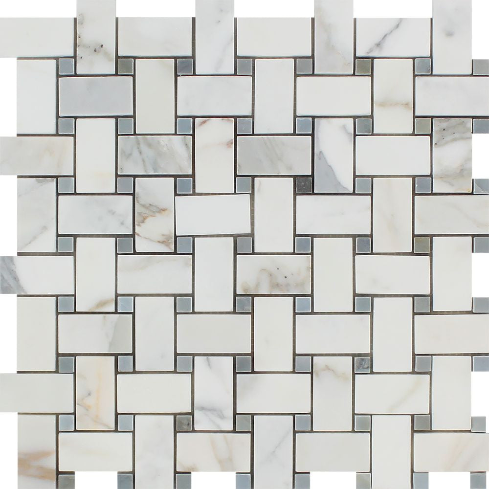Calacatta Gold Honed Marble Basketweave Mosaic Tile w/ Blue-Gray Dots - Tilephile