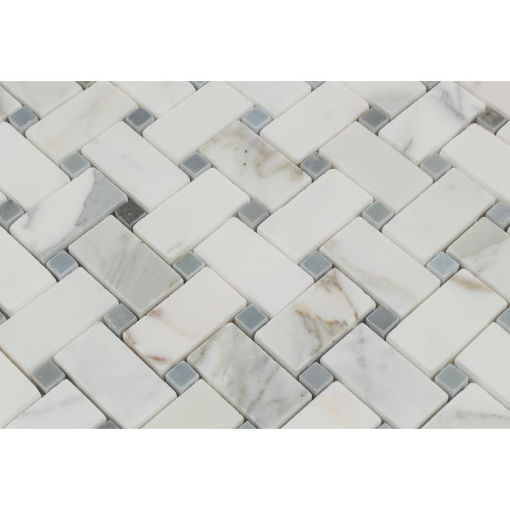 Calacatta Gold Honed Marble Basketweave Mosaic Tile w/ Blue-Gray Dots - Tilephile