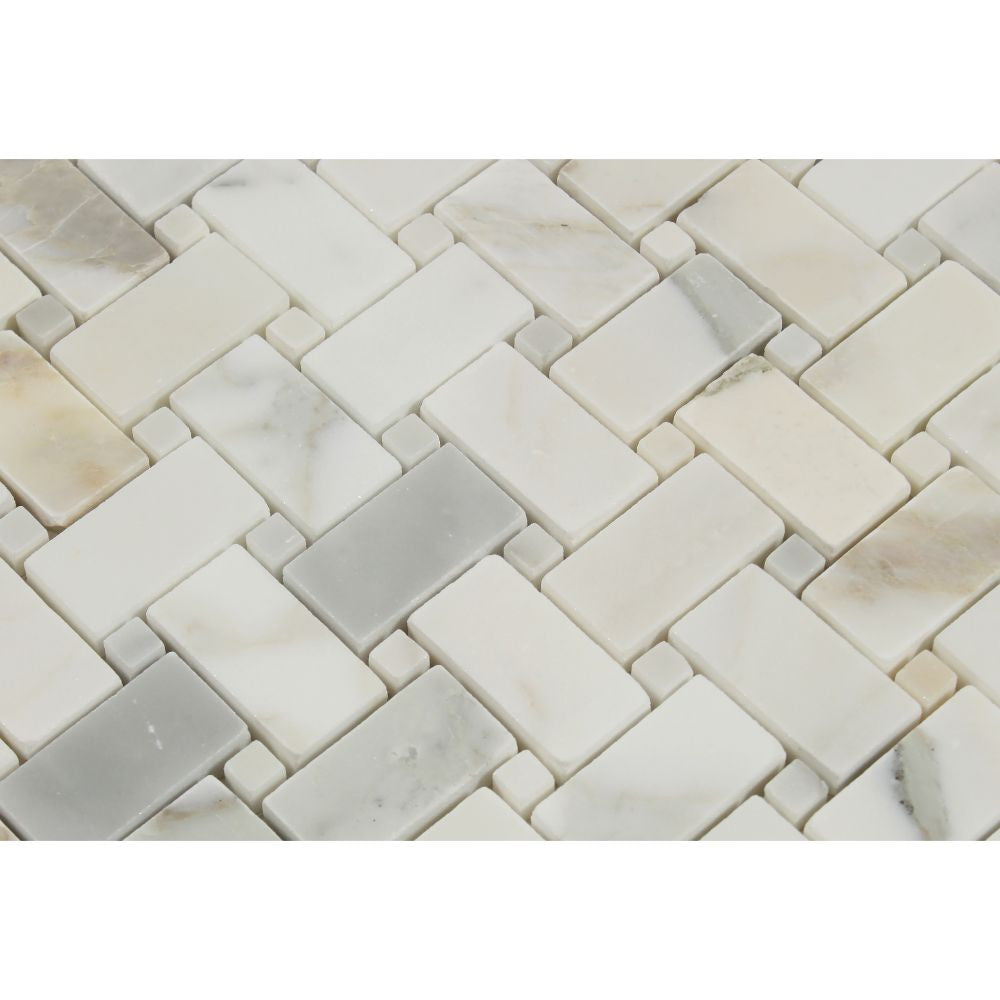 Calacatta Gold Honed Marble Basketweave Mosaic Tile w/ Calacatta Gold Dots - Tilephile