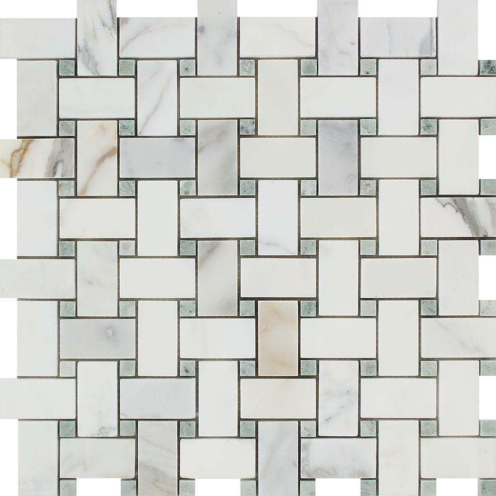 Calacatta Gold Honed Marble Basketweave Mosaic Tile w/ Ming Green Dots Sample - Tilephile