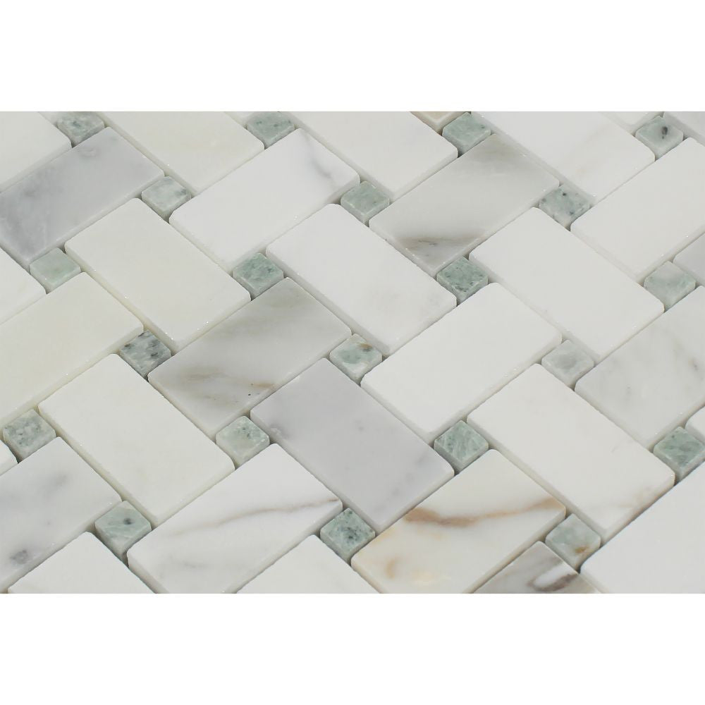 Calacatta Gold Honed Marble Basketweave Mosaic Tile w/ Ming Green Dots - Tilephile