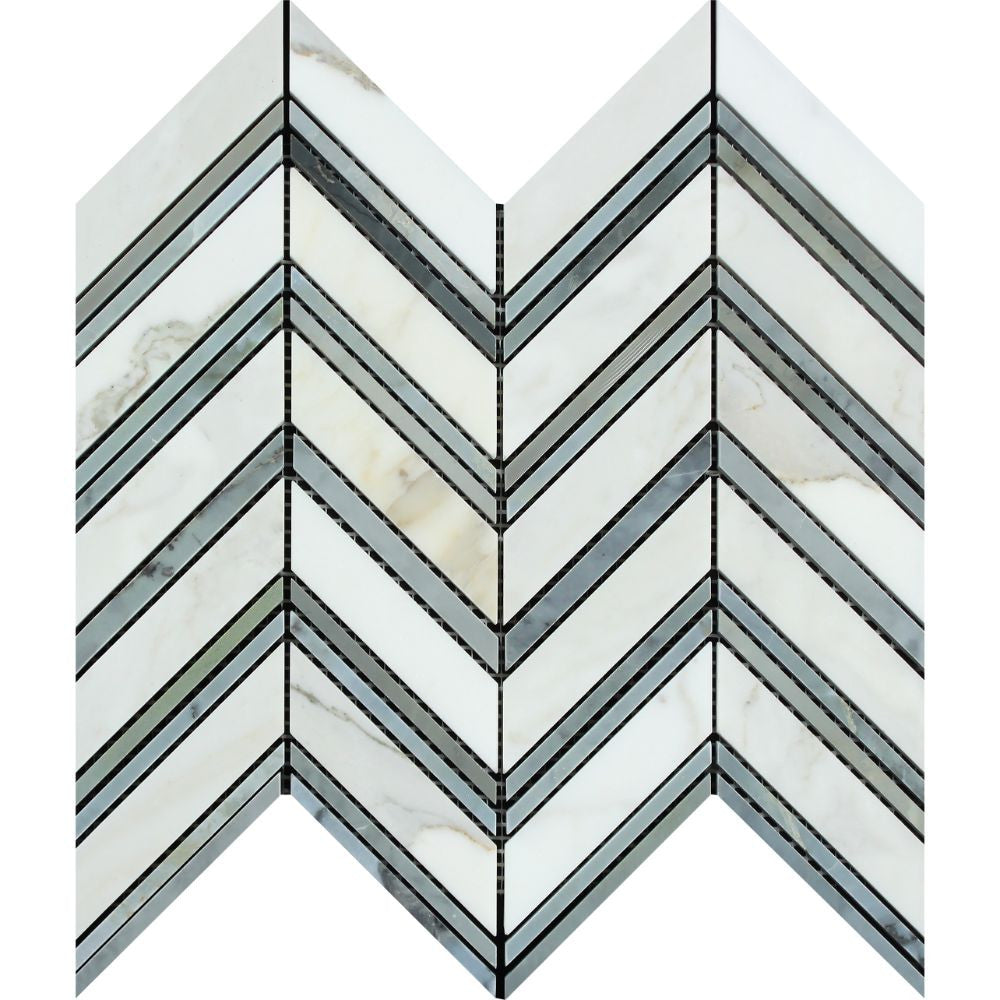 Calacatta Gold Honed Marble Large Chevron Mosaic Tile w/ Blue-Gray Strips Sample - Tilephile