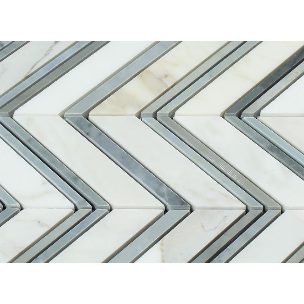 Calacatta Gold Honed Marble Large Chevron Mosaic Tile w/ Blue-Gray Strips - Tilephile