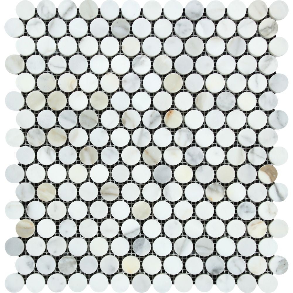 Calacatta Gold Honed Marble Penny Round Mosaic Tile Sample - Tilephile