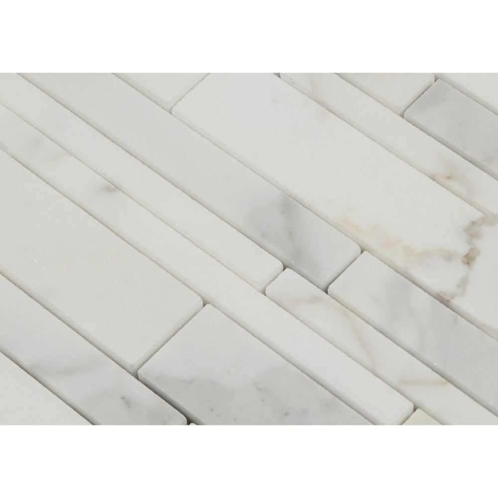 Calacatta Gold Honed Marble Random Strip Mosaic Tile - Tilephile