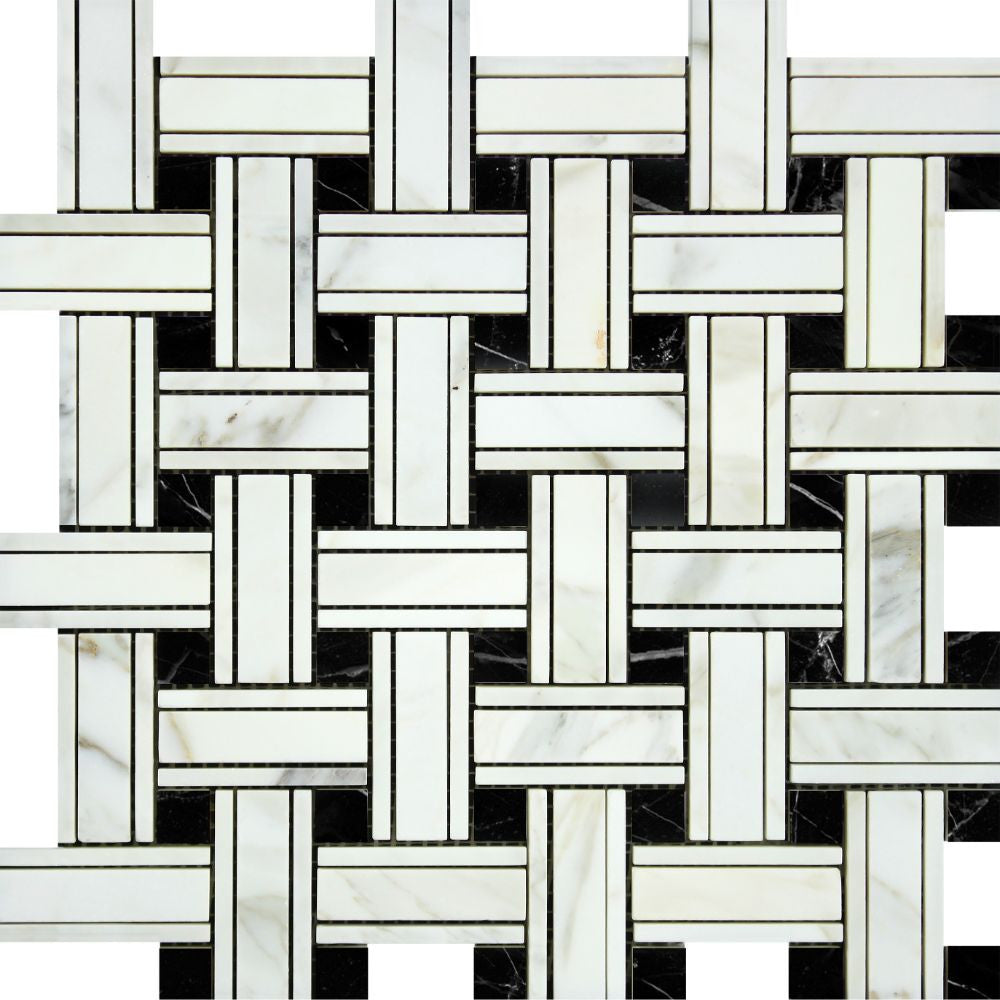 Calacatta Gold Honed Marble Tripleweave Mosaic Tile w/ Black Dots - Tilephile