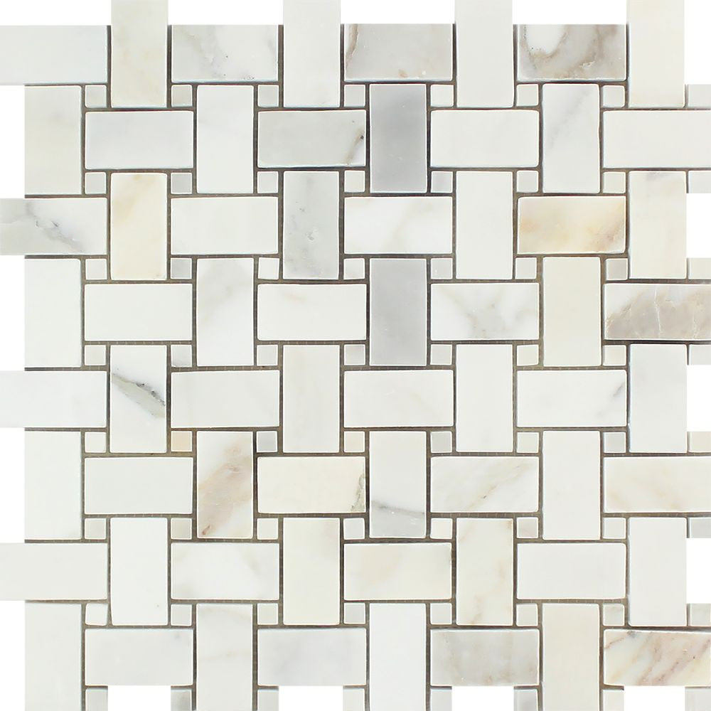Calacatta Gold Polished Marble Basketweave Mosaic Tile w/ Calacatta Gold Dots Sample - Tilephile