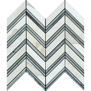 Calacatta Gold Polished Marble Large Chevron Mosaic Tile w/ Blue-Gray Strips - Tilephile