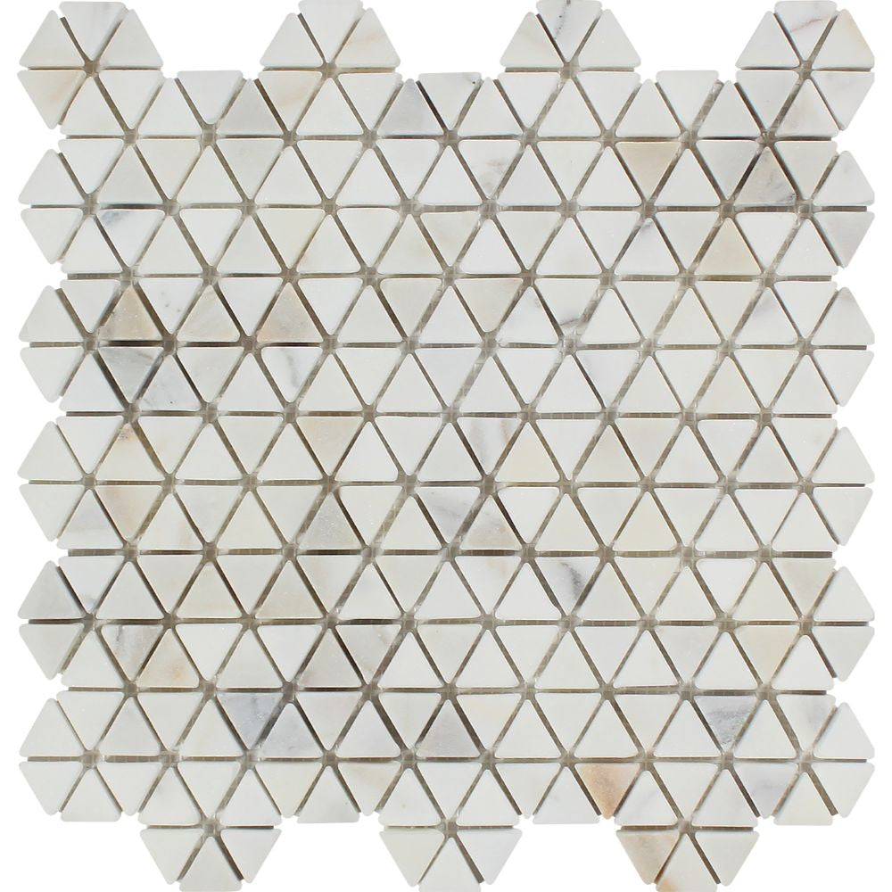 Calacatta Gold Tumbled Marble Triangle Mosaic Tile Sample - Tilephile