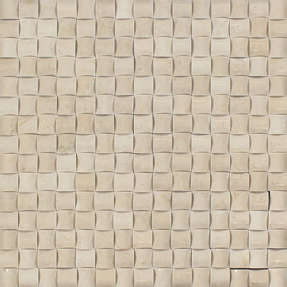 Crema Marfil Polished Marble 3-D Small Bread Mosaic Tile Sample - Tilephile
