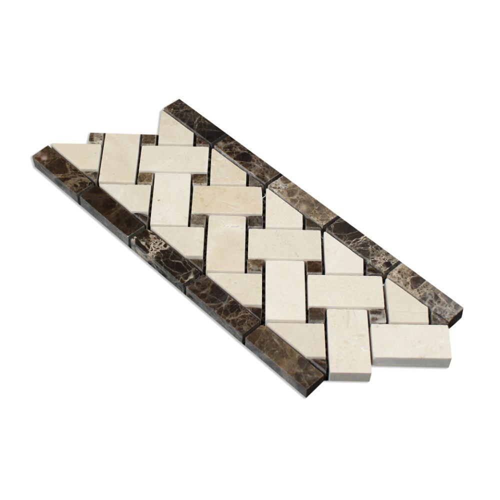 Crema Marfil Polished Marble Basketweave Border w/ Emp. Dark Dots - Tilephile