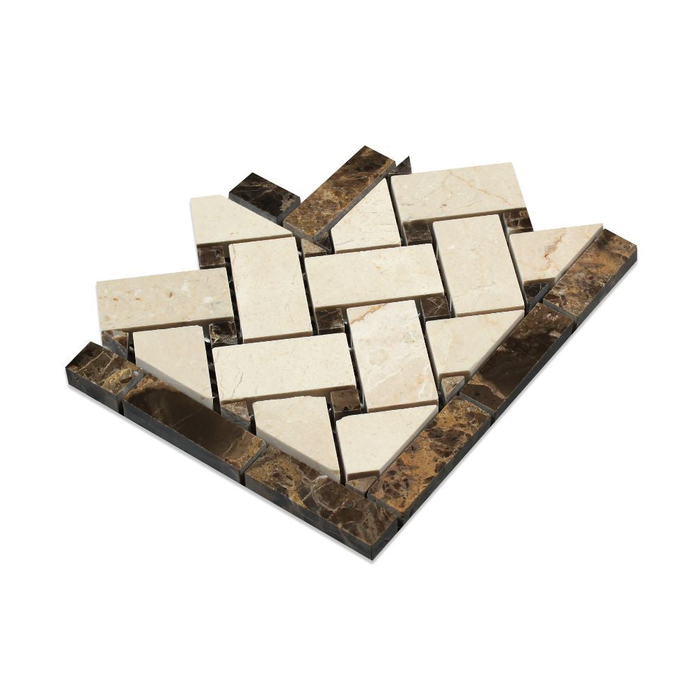 Crema Marfil Polished Marble Basketweave Corner w/ Emp. Dark Dots - Tilephile