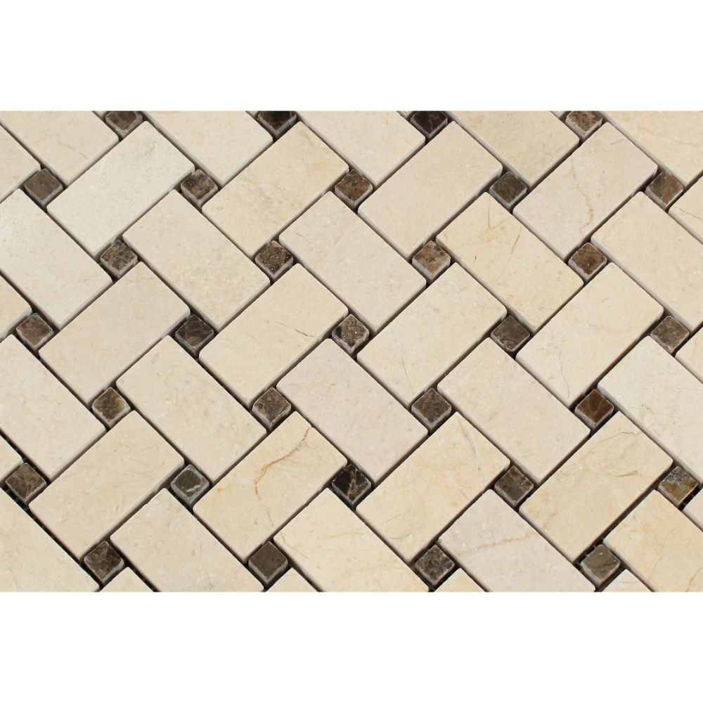Crema Marfil Polished Marble Basketweave Mosaic Tile w/ Emp. Dark Dots - Tilephile