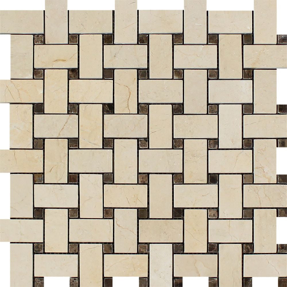 Crema Marfil Polished Marble Basketweave Mosaic Tile w/ Emp. Dark Dots - Tilephile