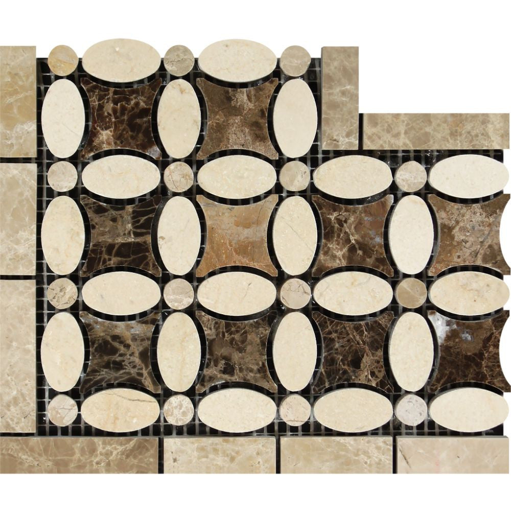 Crema Marfil Polished Marble Florida Flower Corner (Crema Marfil + Emp. Light + Emp. Dark) - Tilephile