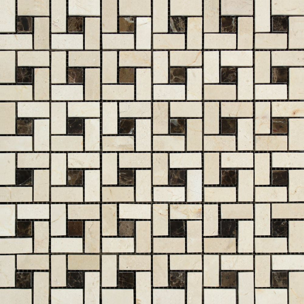 Crema Marfil Polished Marble Mini Pinwheel Mosaic Tile w/ Black Dots - Tilephile