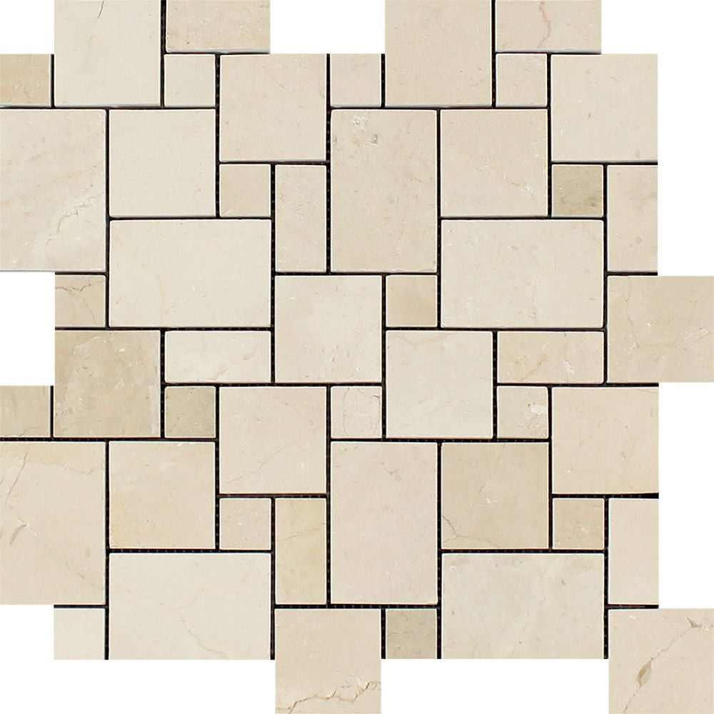 Crema Marfil Polished Marble Mini Versailles Pattern Mosaic Tile - Tilephile