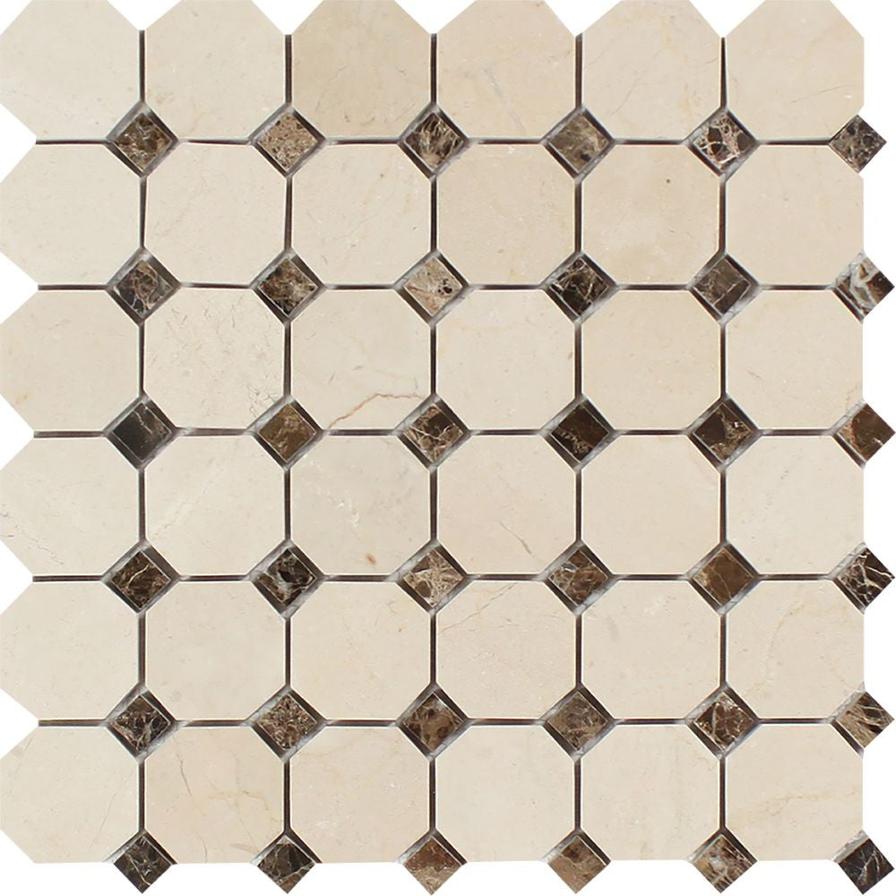 Crema Marfil Polished Marble Octagon Mosaic Tile w/ Emp. Dark Dots Sample - Tilephile