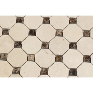 Crema Marfil Polished Marble Octagon Mosaic Tile w/ Emp. Dark Dots - Tilephile