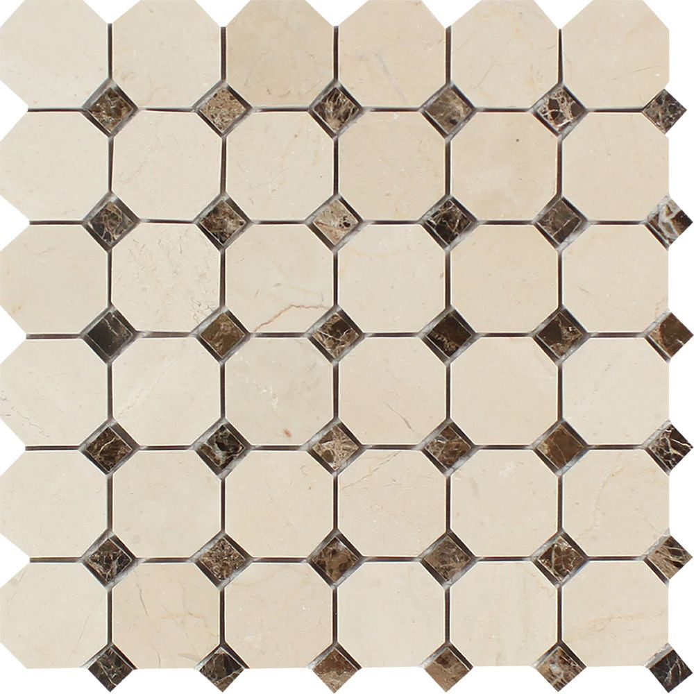 Crema Marfil Polished Marble Octagon Mosaic Tile w/ Emp. Dark Dots - Tilephile