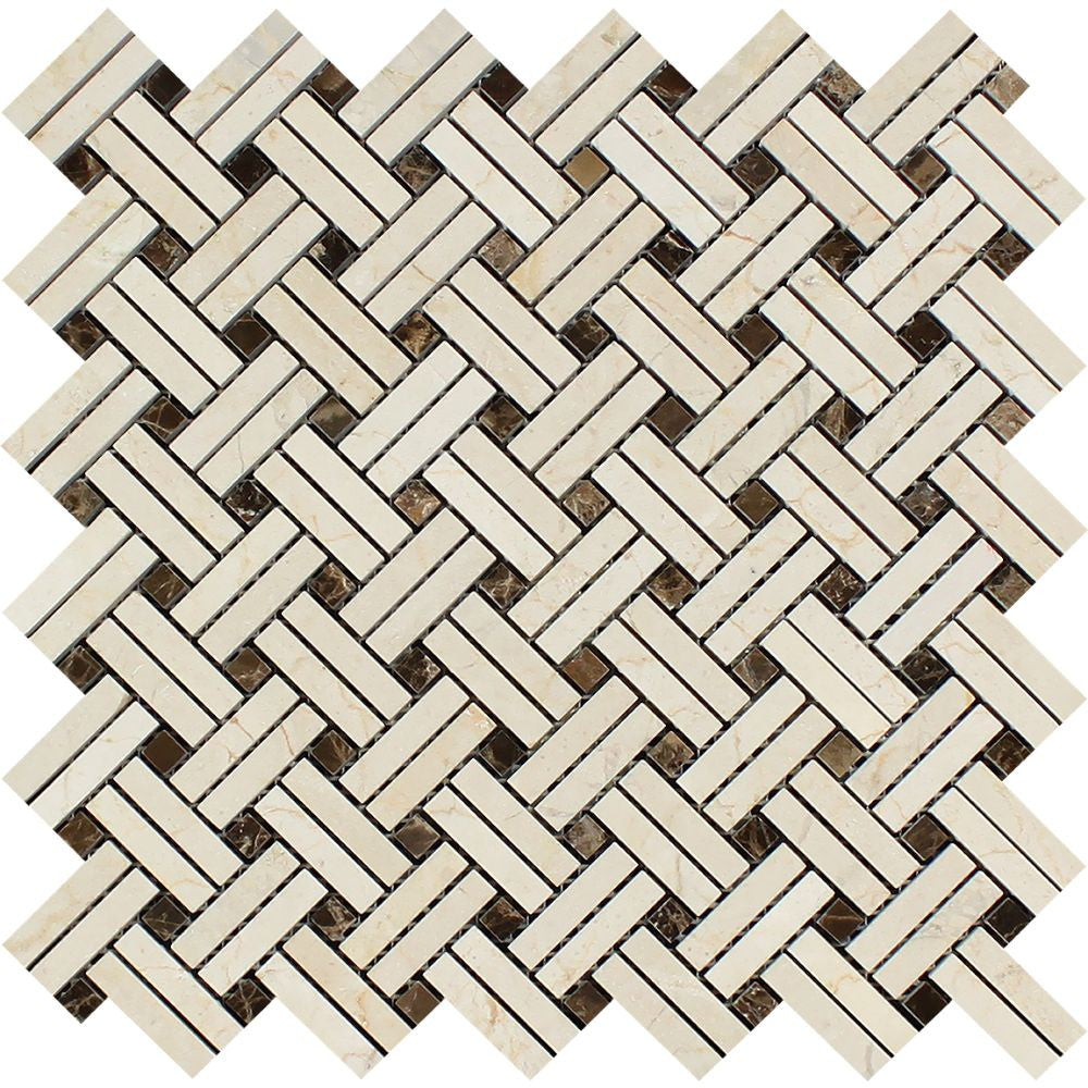 Crema Marfil Polished Marble Stanza Mosaic Tile w/ Black Dots - Tilephile