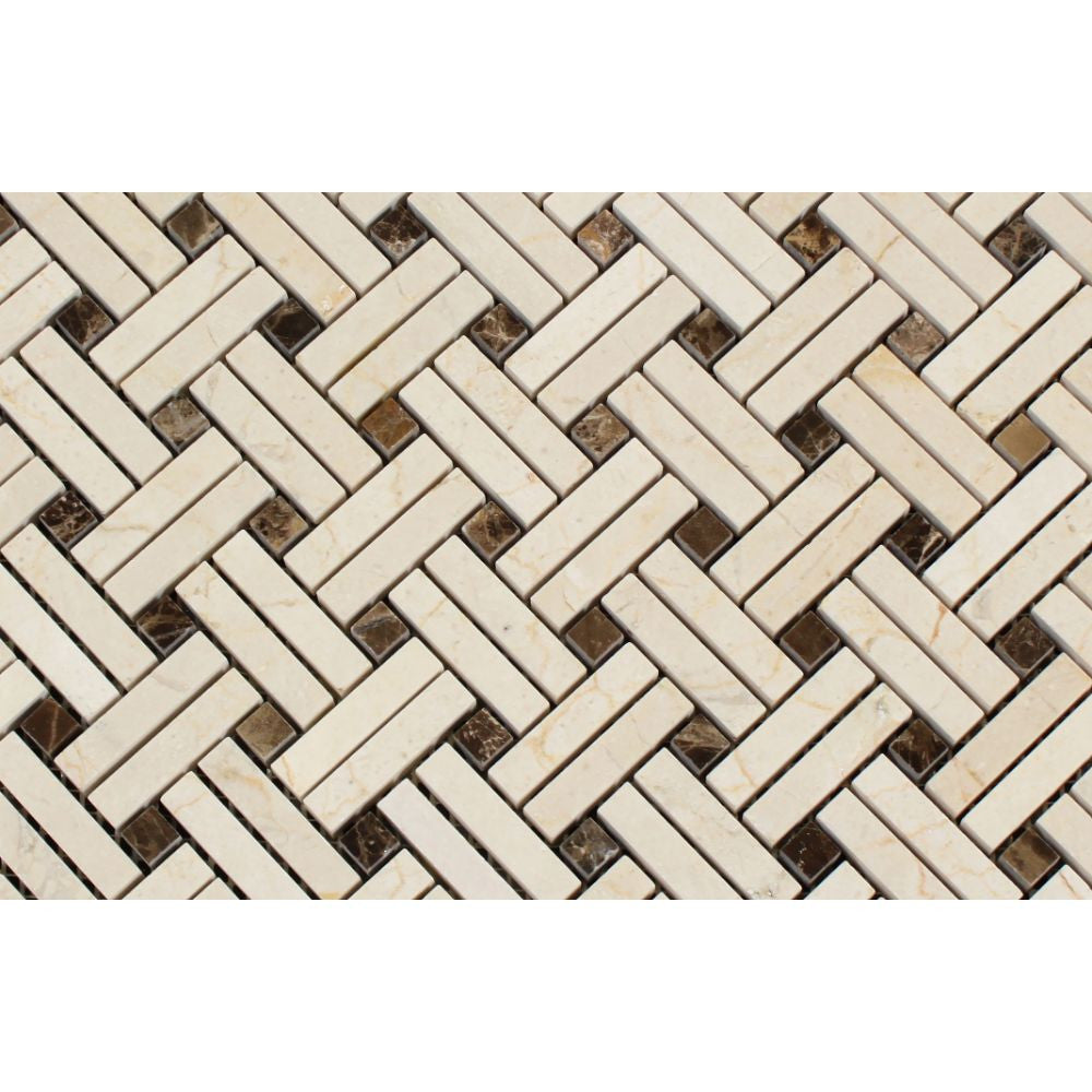 Crema Marfil Polished Marble Stanza Mosaic Tile w/ Black Dots - Tilephile