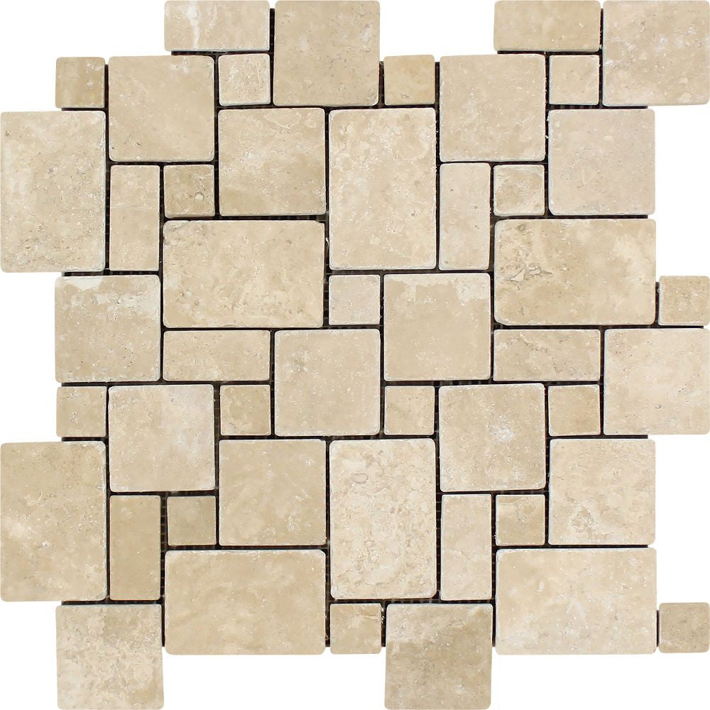 Durango Tumbled Travertine Mini Versailles Pattern Mosaic Tile Sample - Tilephile