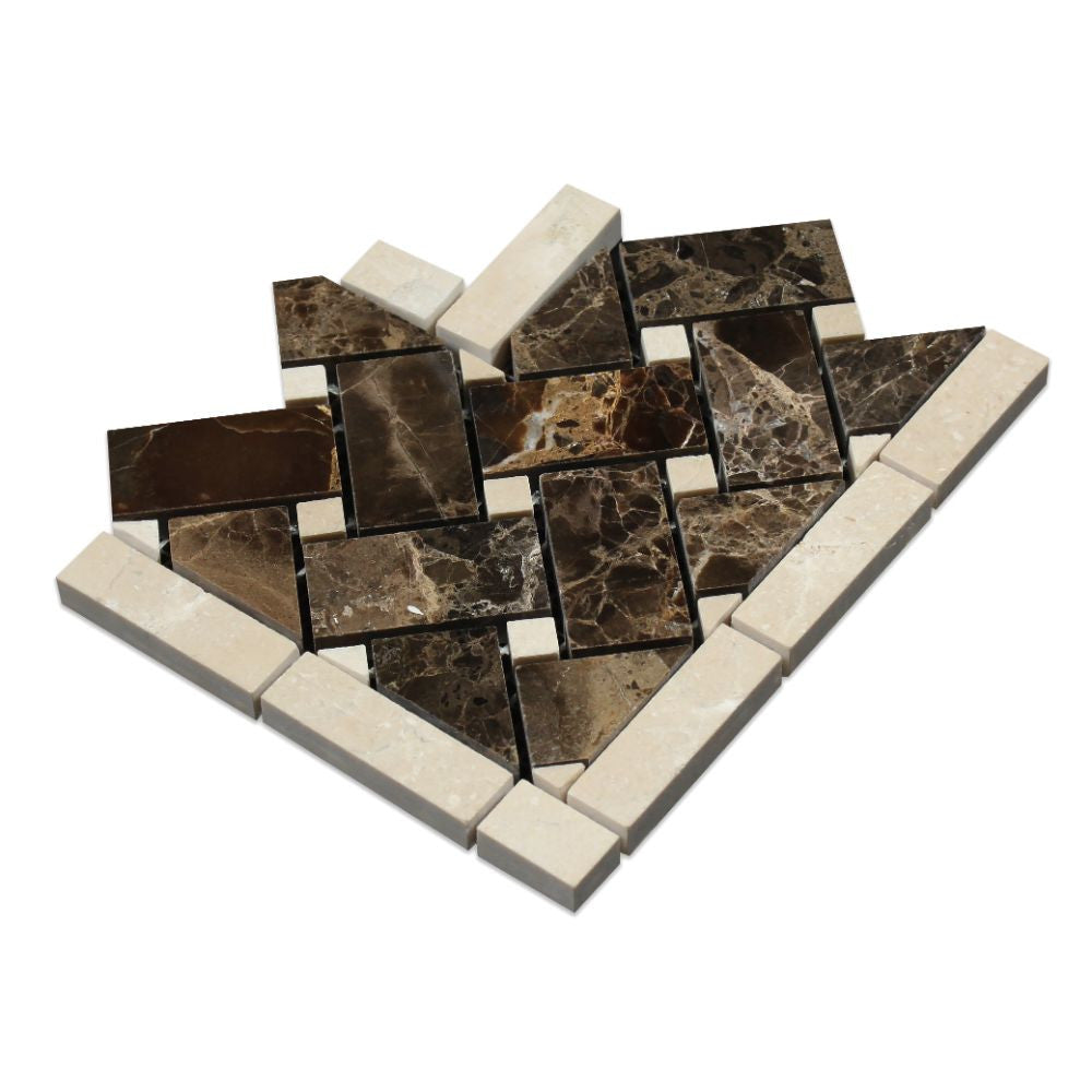 Emperador Dark Polished Marble Basketweave Corner w/ Crema Marfil Dots - Tilephile