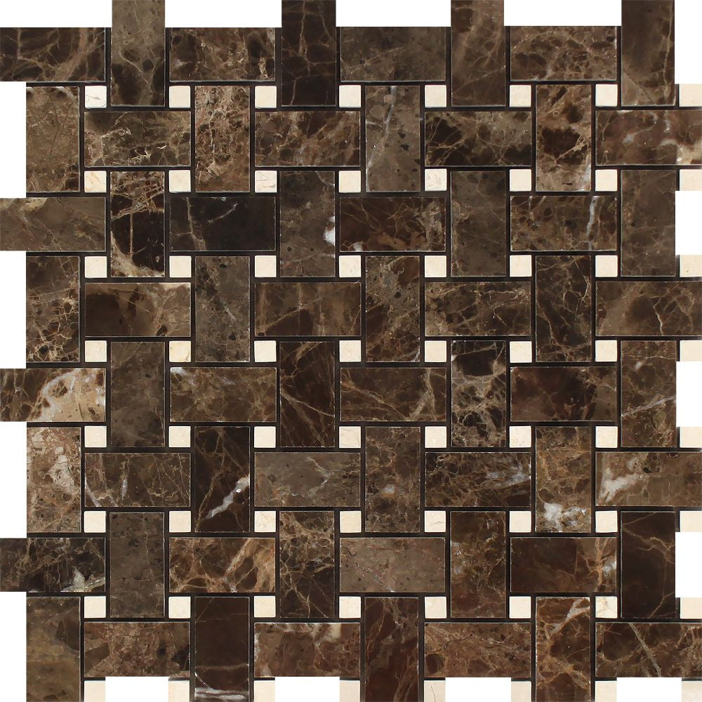 Emperador Dark Polished Marble Basketweave Mosaic Tile w/ C. Marfil Dots Sample - Tilephile