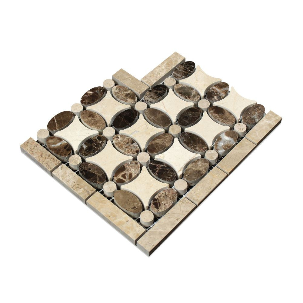 Emperador Dark Polished Marble Florida Flower Corner (Emp. Dark + Crema Marfil + Emp. Light) - Tilephile