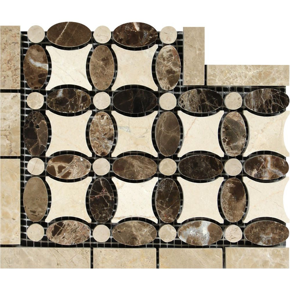 Emperador Dark Polished Marble Florida Flower Corner (Emp. Dark + Crema Marfil + Emp. Light) - Tilephile
