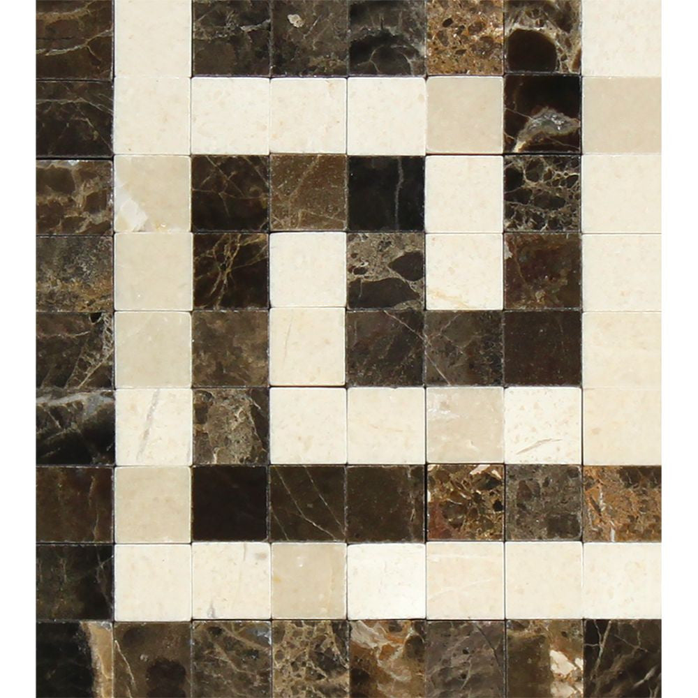 Emperador Dark Polished Marble Greek Key Corner (Emp. Dark + Crema Marfil) - Tilephile
