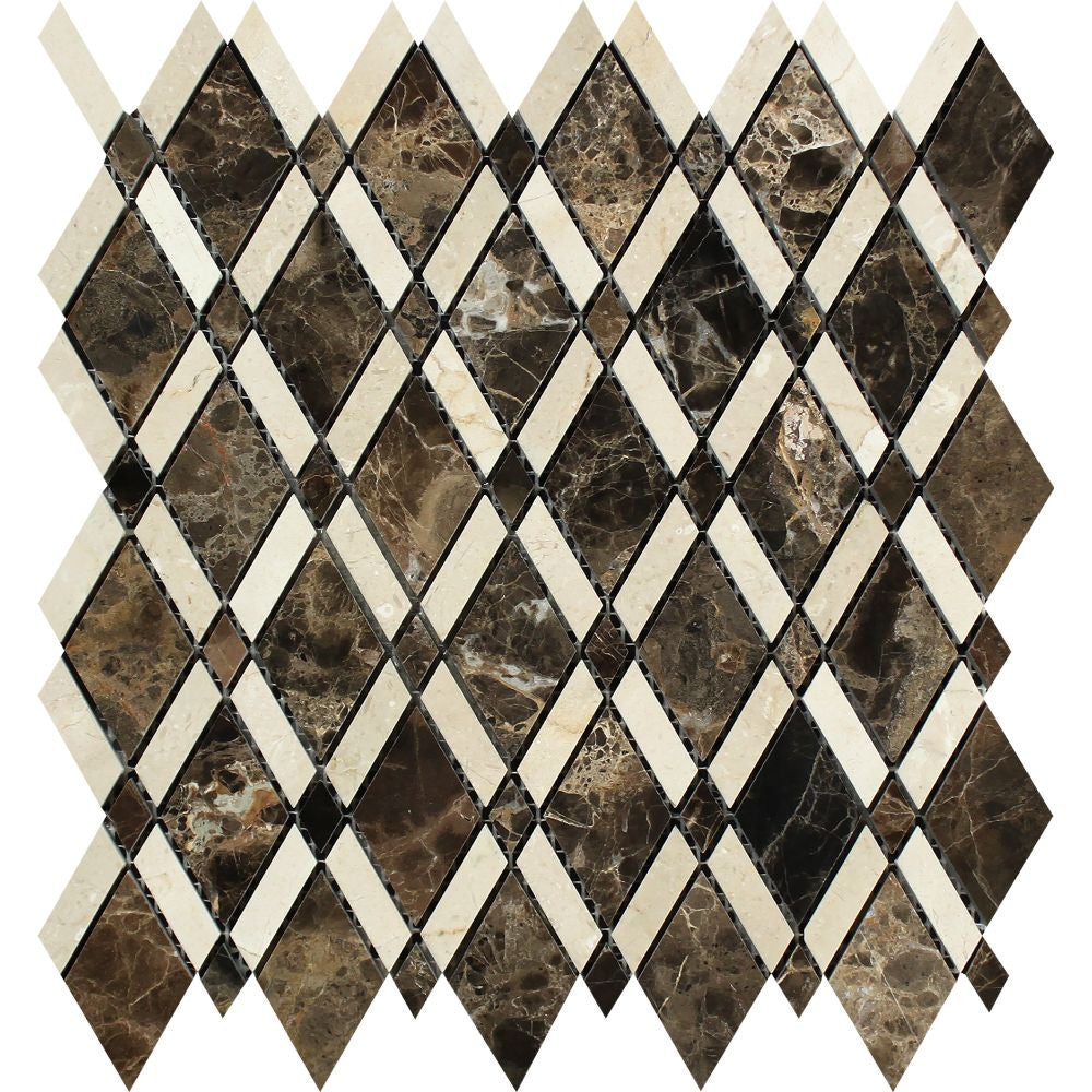 Emperador Dark Polished Marble Lattice Mosaic Tile (Emperador Dark + Crema Marfil) - Tilephile