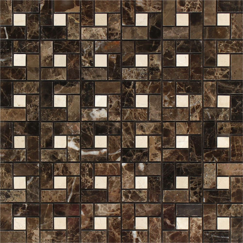 Emperador Dark Polished Marble Mini Pinwheel Mosaic Tile w/ C. Marfil Dots - Tilephile