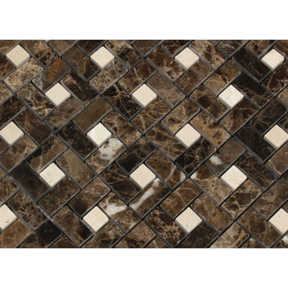 Emperador Dark Polished Marble Mini Pinwheel Mosaic Tile w/ C. Marfil Dots - Tilephile