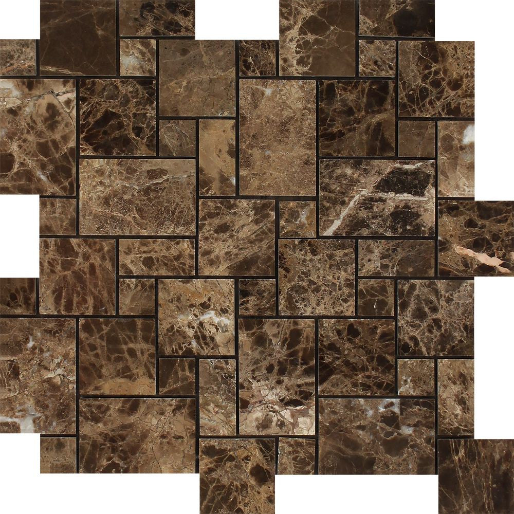 Emperador Dark Polished Marble Mini Versailles Pattern Mosaic Tile - Tilephile