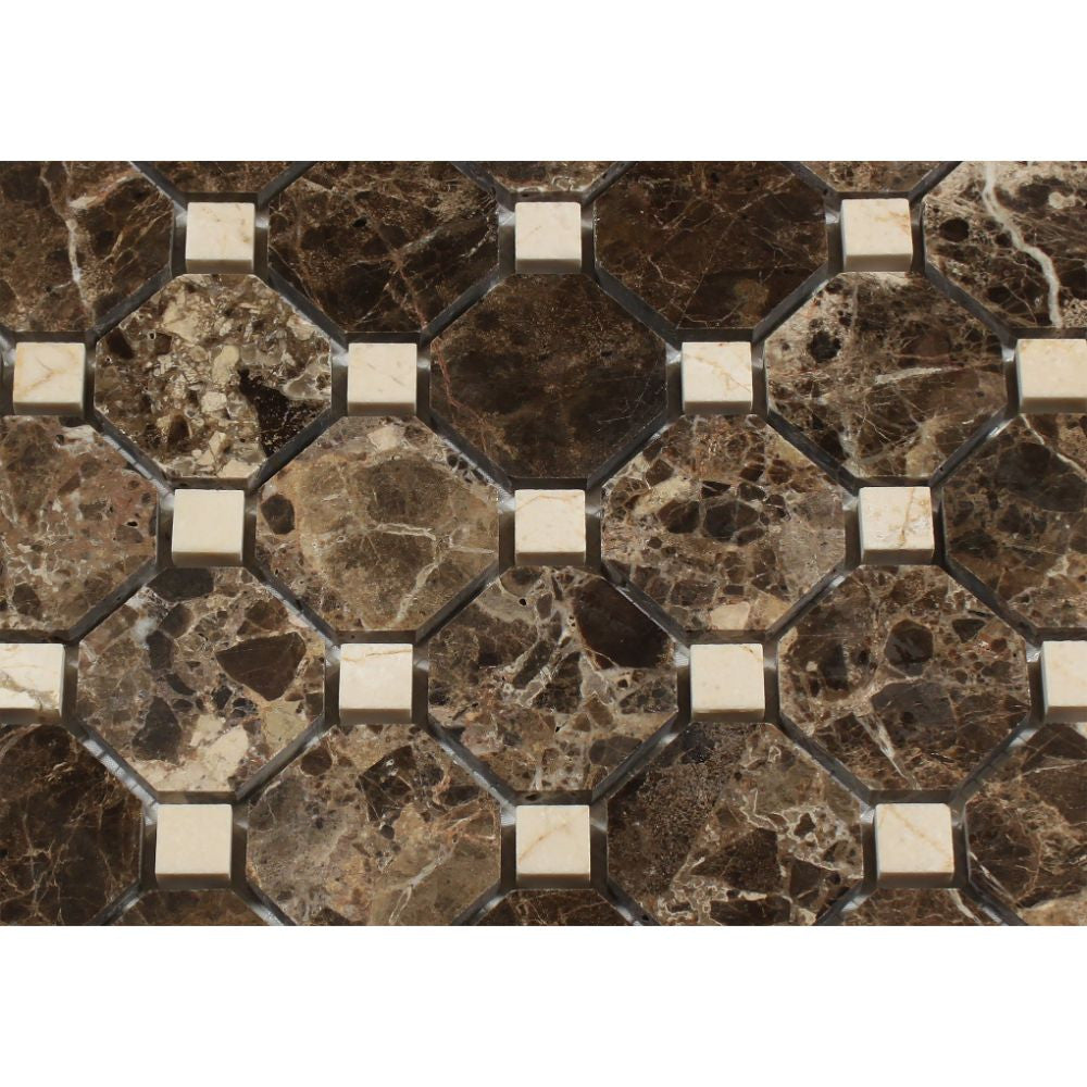 Emperador Dark Polished Marble Octagon Mosaic Tile w/ C. Marfil Dots - Tilephile