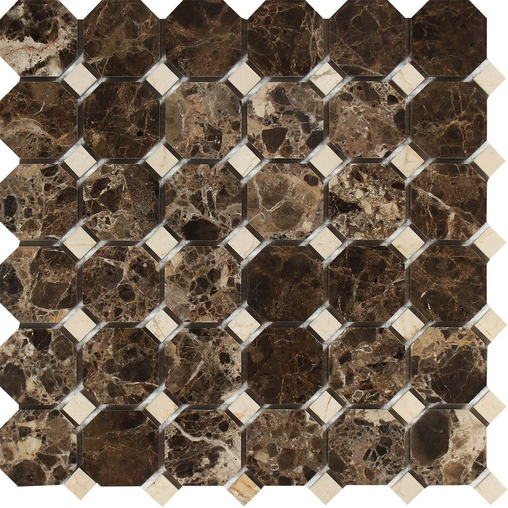 Emperador Dark Polished Marble Octagon Mosaic Tile w/ C. Marfil Dots - Tilephile