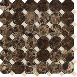 Emperador Dark Polished Marble Octagon Mosaic Tile w/ C. Marfil Dots - Tilephile