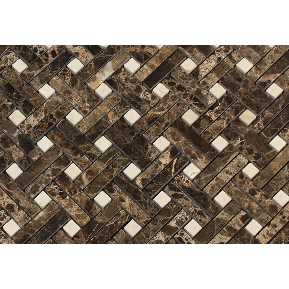 Emperador Dark Polished Marble Stanza Mosaic Tile w/ C. Marfil Dots - Tilephile
