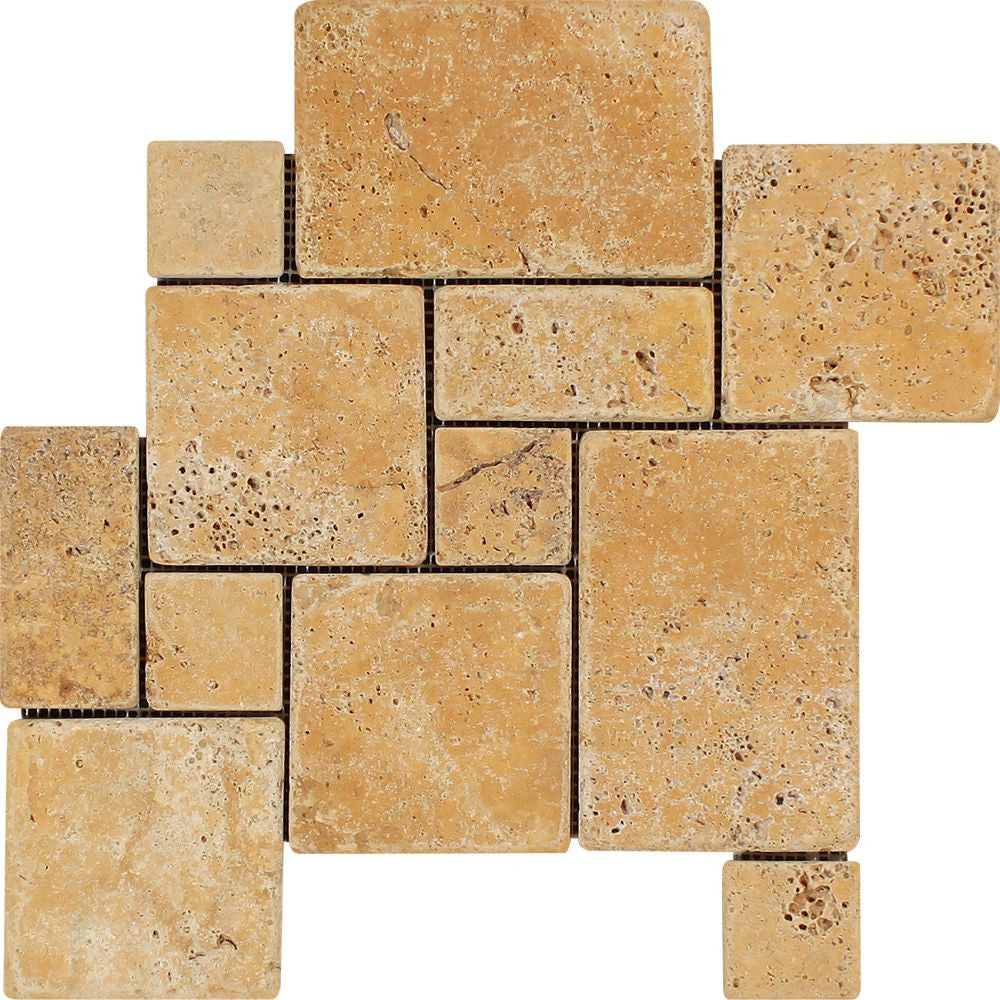 Gold Tumbled Travertine OPUS Mini Pattern Mosaic Tile (Interlocking) - Tilephile