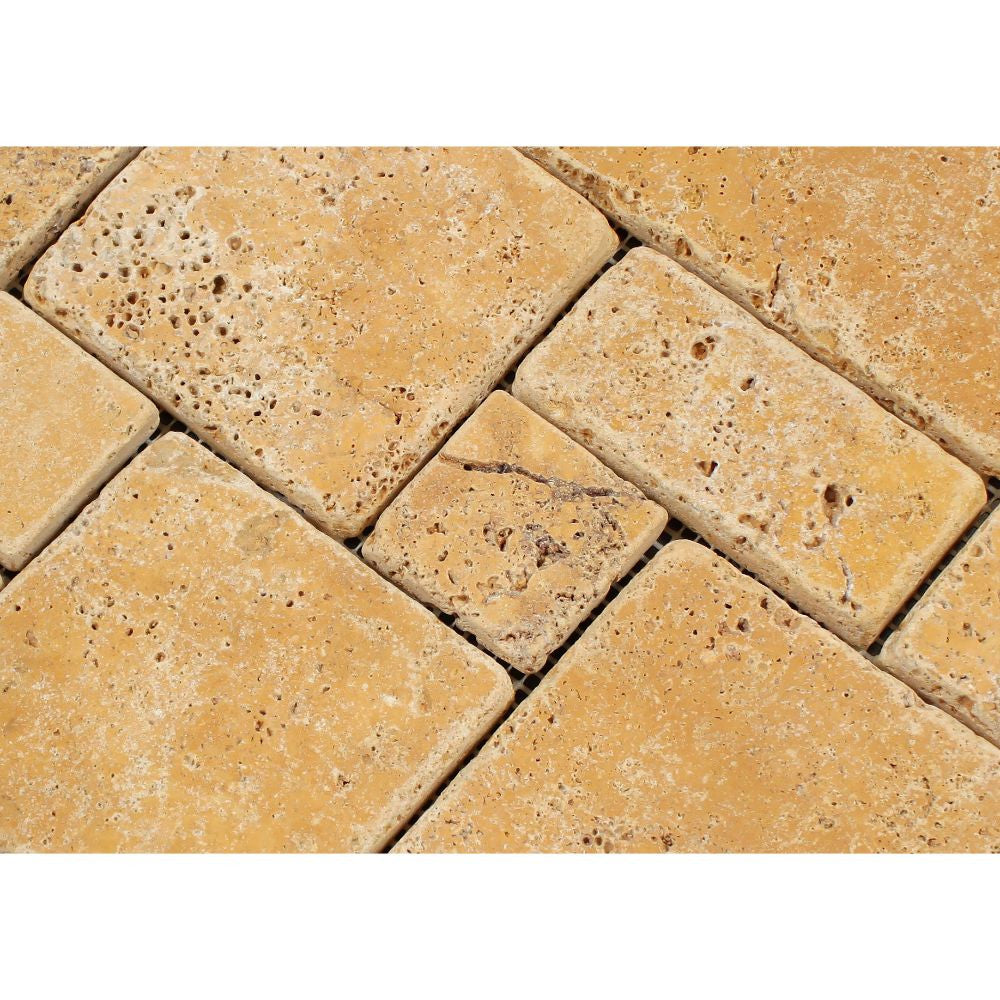 Gold Tumbled Travertine OPUS Mini Pattern Mosaic Tile (Interlocking) - Tilephile