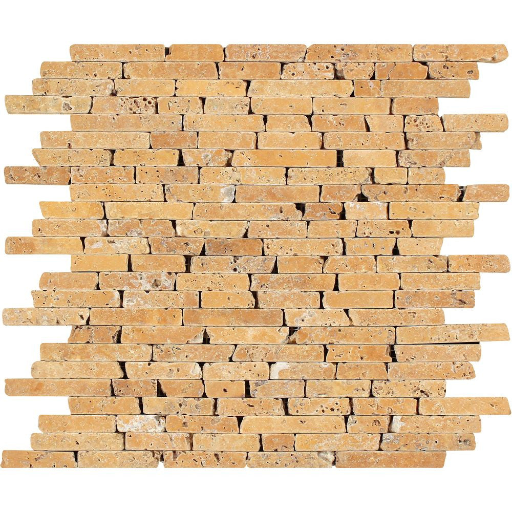 Gold Tumbled Travertine Random Strip Mosaic Tile - Tilephile