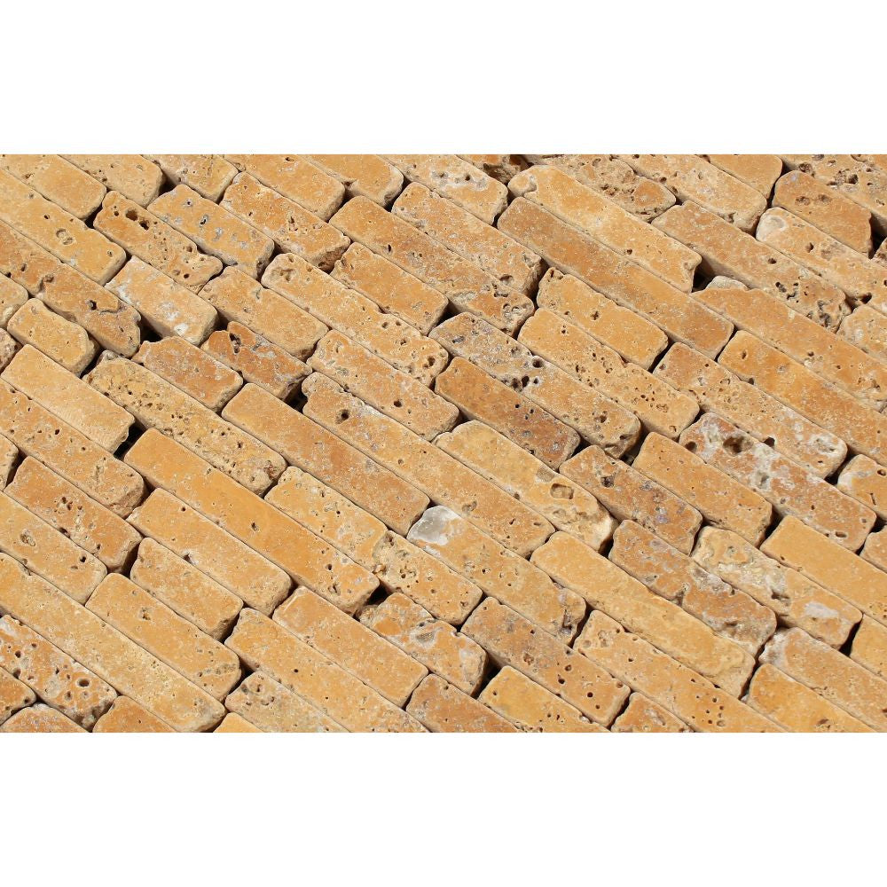 Gold Tumbled Travertine Random Strip Mosaic Tile - Tilephile