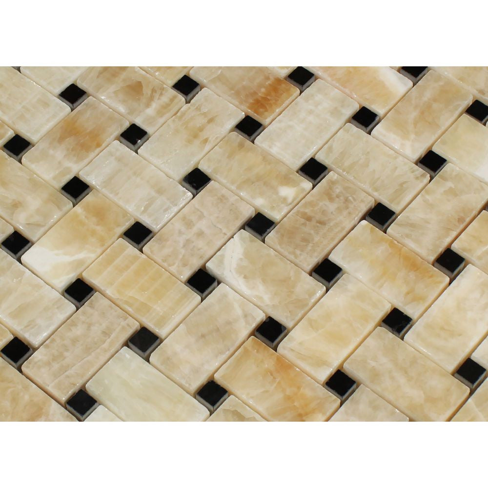 Honey Onyx Polished Basketweave Mosaic Tile w/ Black Dots - Tilephile