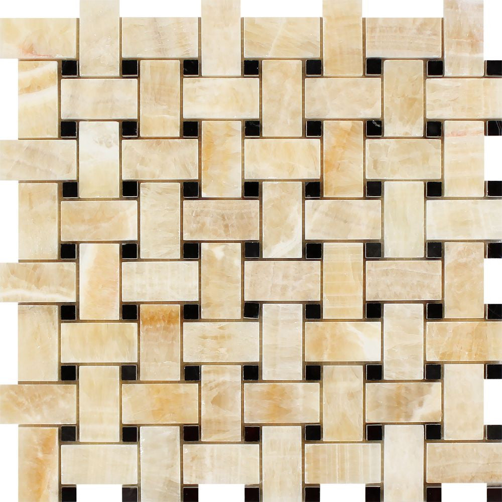 Honey Onyx Polished Basketweave Mosaic Tile w/ Black Dots - Tilephile