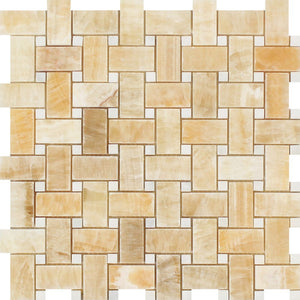 Honey Onyx Polished Basketweave Mosaic Tile w/ White Dots - Tilephile