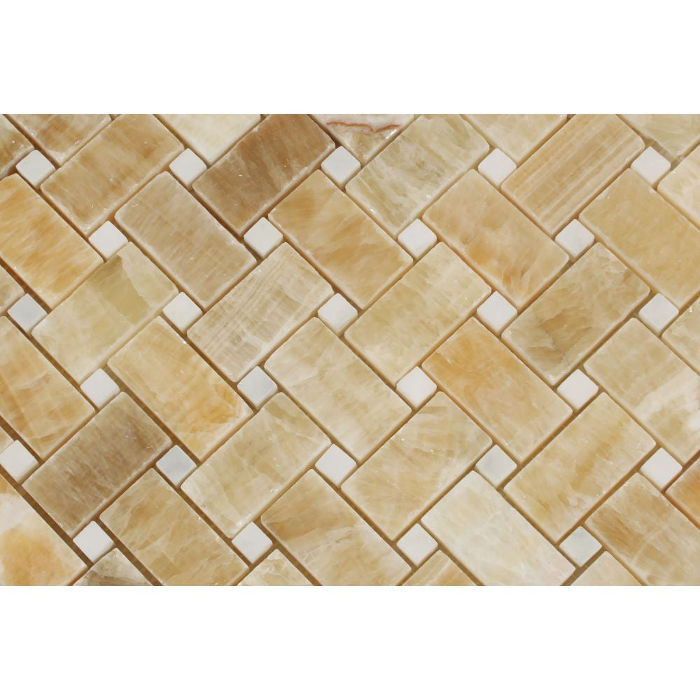 Honey Onyx Polished Basketweave Mosaic Tile w/ White Dots - Tilephile