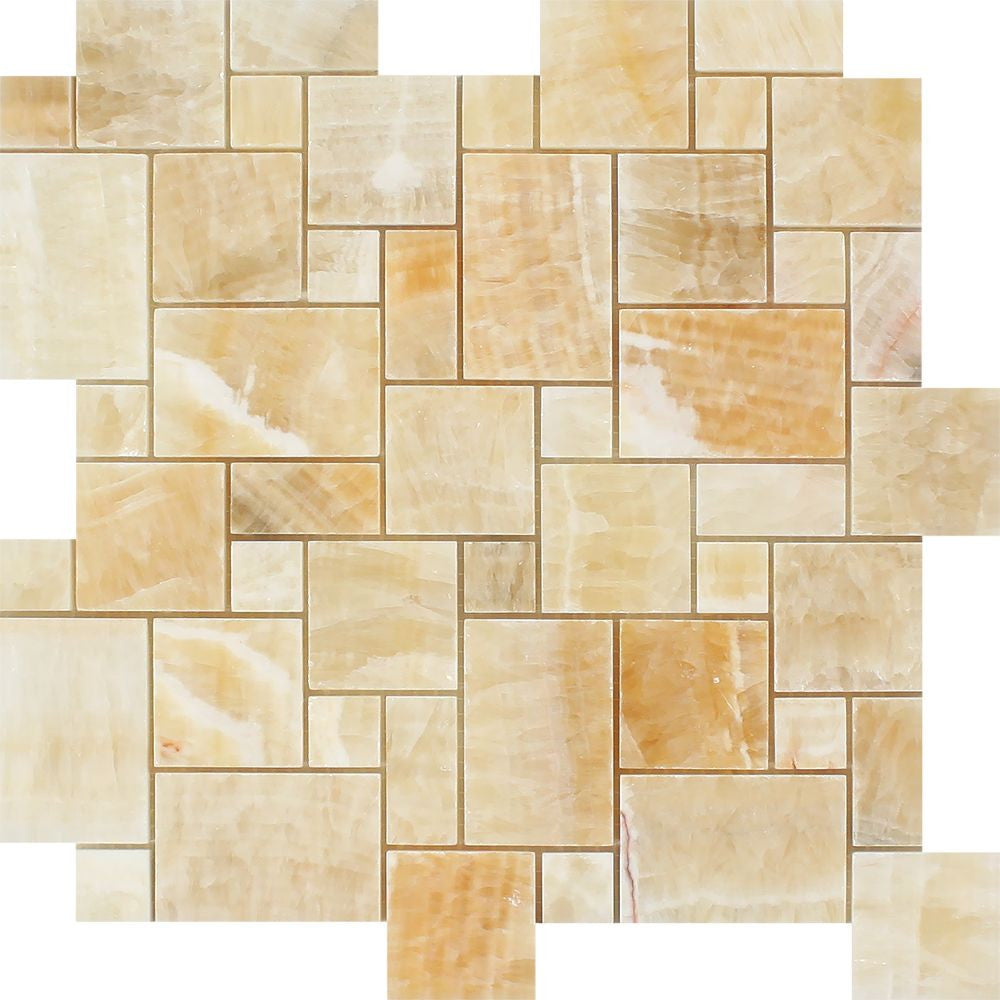 Honey Onyx Polished Mini Versailles Pattern Mosaic Tile Sample - Tilephile