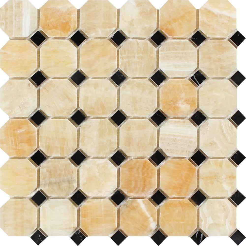 Honey Onyx Polished Octagon Mosaic Tile w/ Black Dots - Tilephile